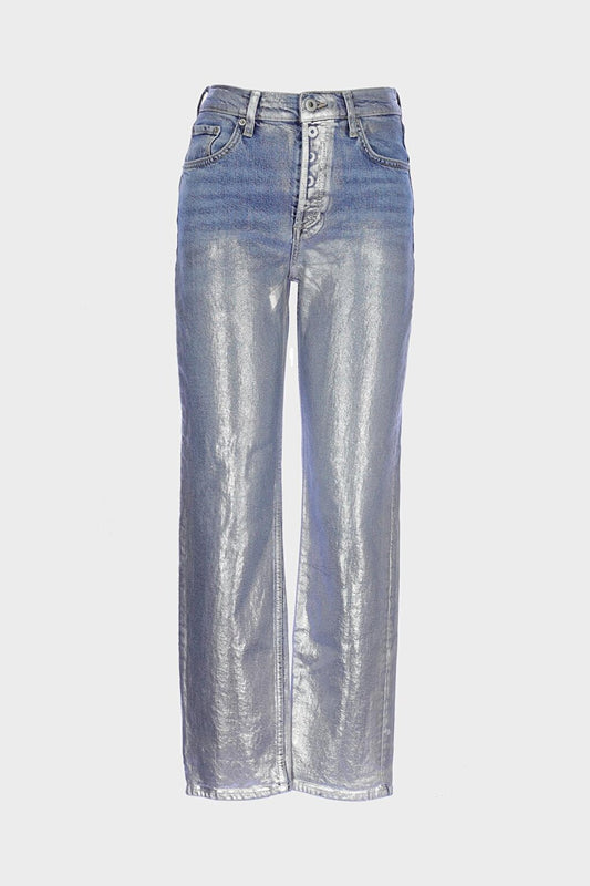 Sydney Silver Foil Printed High Waist Buttoned Slim Straight Jean Trousers C 4529-070