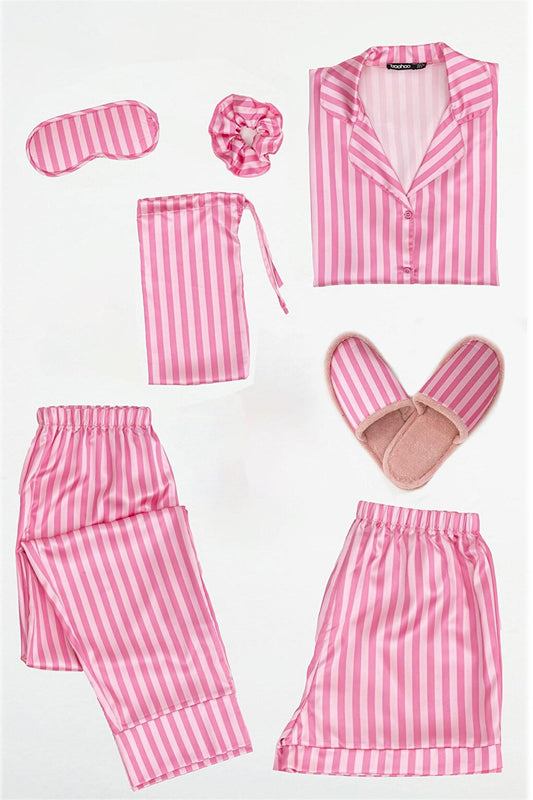 7-Piece Pink Cream Striped Satin Pajama Set