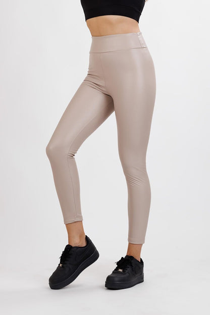 Women's Beige Shiny Faux Leather Leggings with Fur Inside