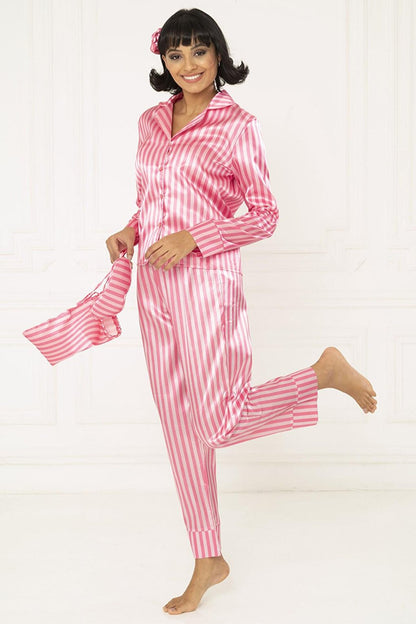 7-Piece Pink Cream Striped Satin Pajama Set