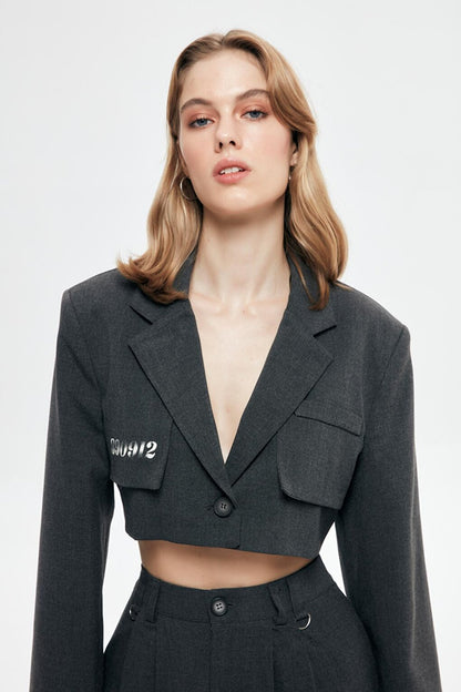 Piece Detailed Crop Blazer Jacket Anthracite