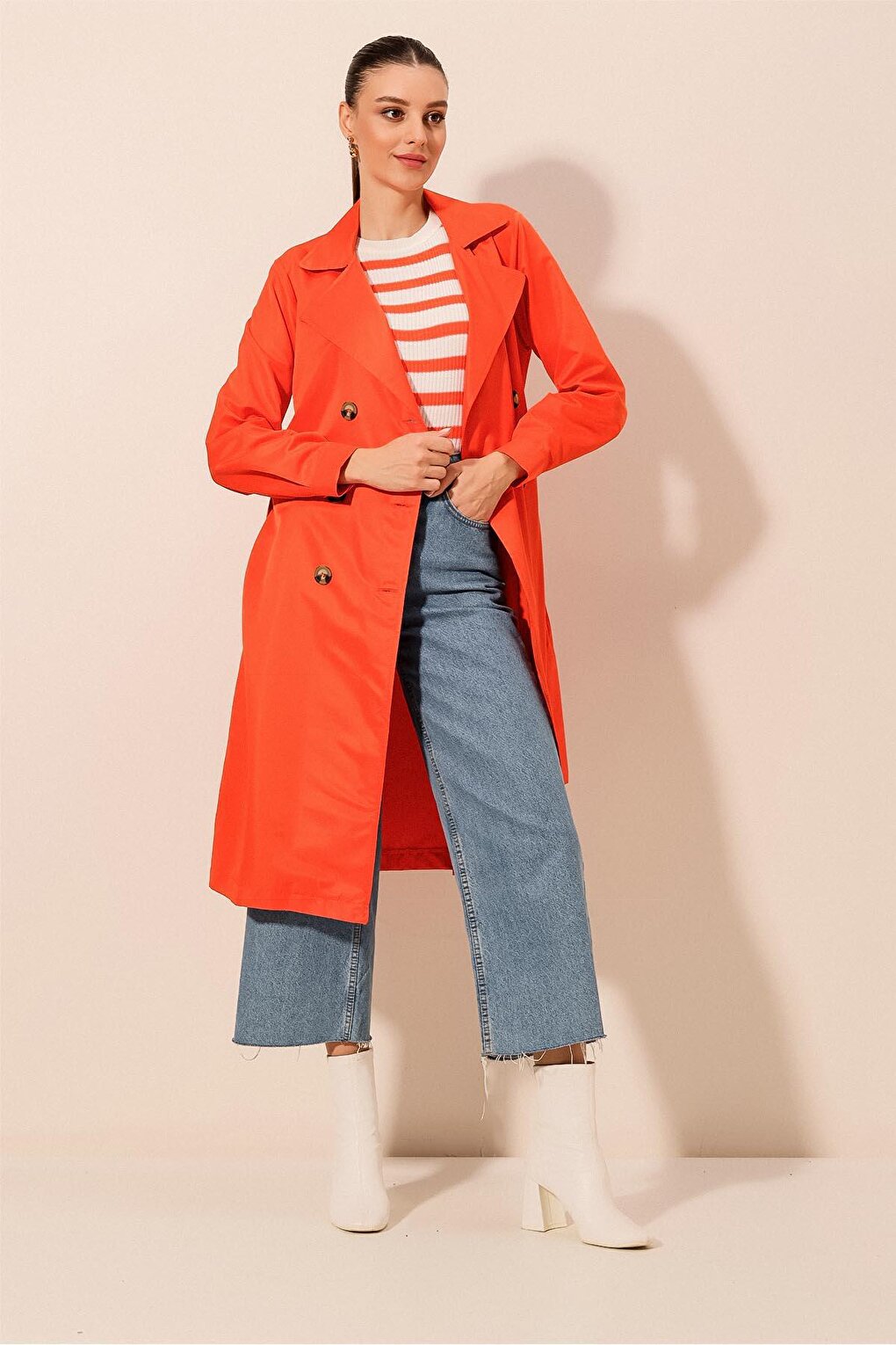 5853 Double Breasted Trench Coat - Orange