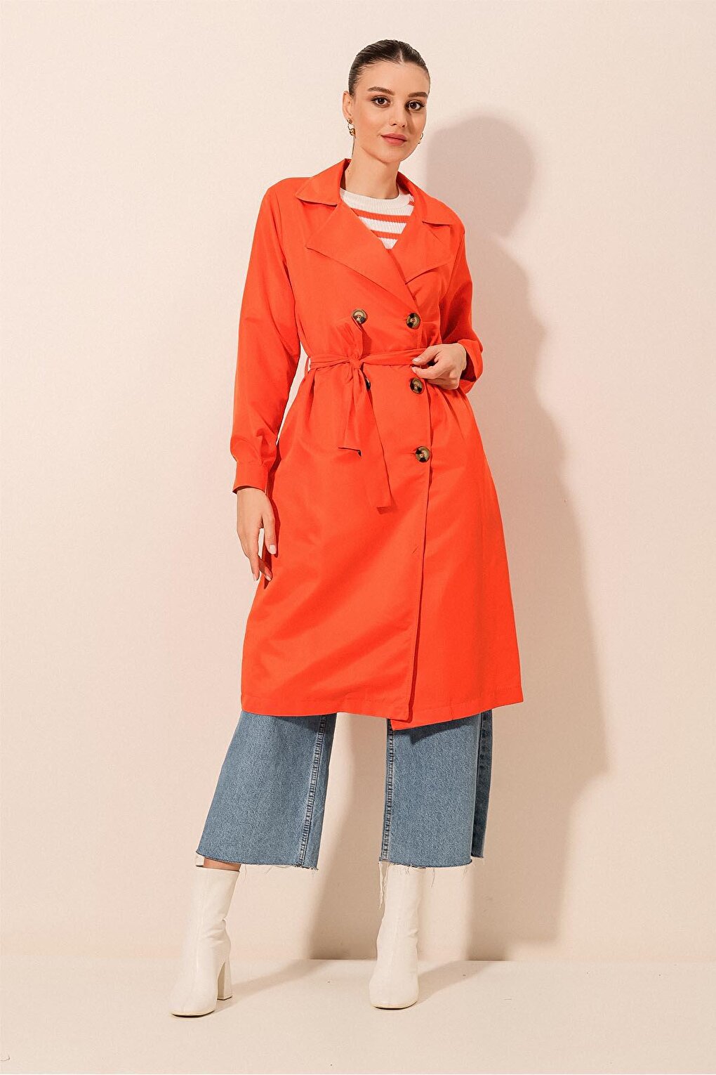 5853 Double Breasted Trench Coat - Orange