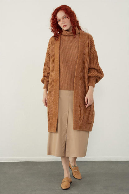 Brown Oversize Open Front Long Knitted Cardigan