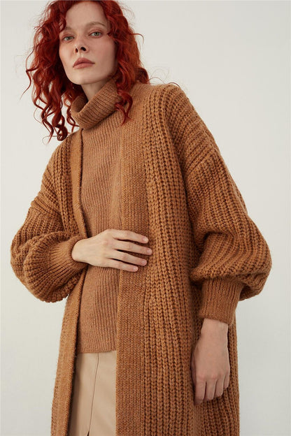 Brown Oversize Open Front Long Knitted Cardigan