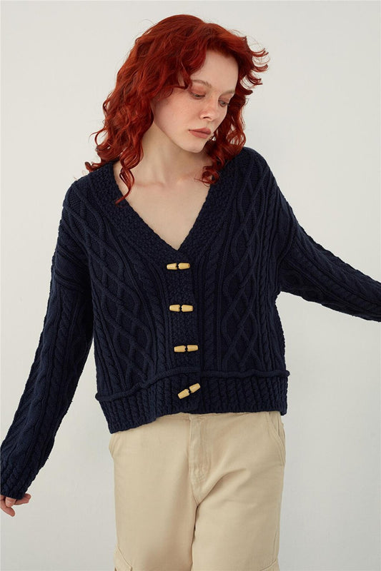 Navy Blue Shepherd's Button Braided Knitwear Cardigan