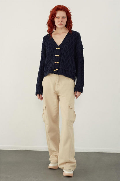 Navy Blue Shepherd's Button Braided Knitwear Cardigan