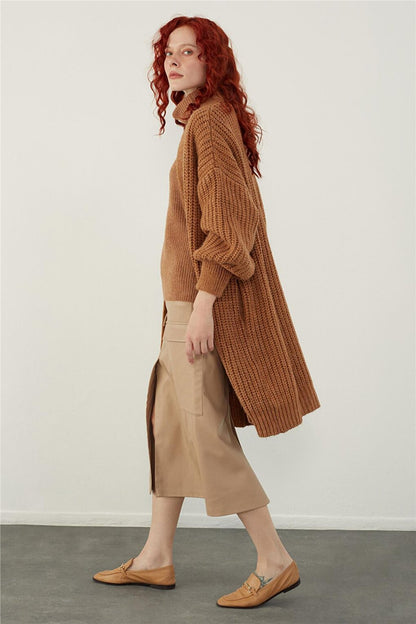 Brown Oversize Open Front Long Knitted Cardigan