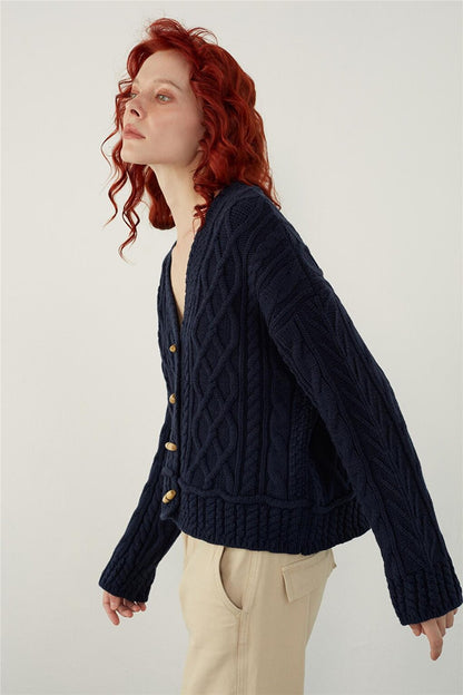 Navy Blue Shepherd's Button Braided Knitwear Cardigan