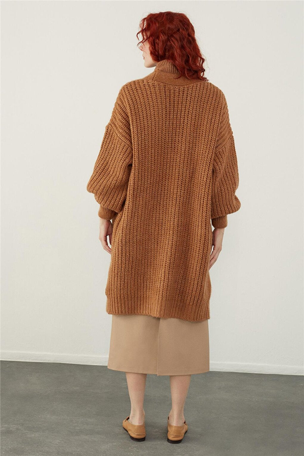 Brown Oversize Open Front Long Knitted Cardigan