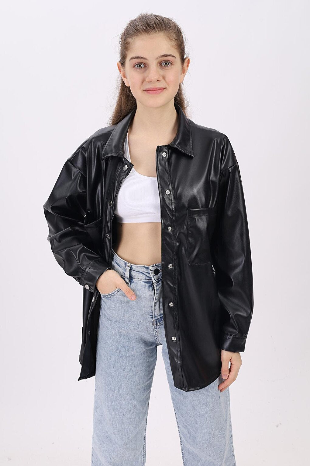 Girl's Black Leather Shirt 9-14 Years Lx163