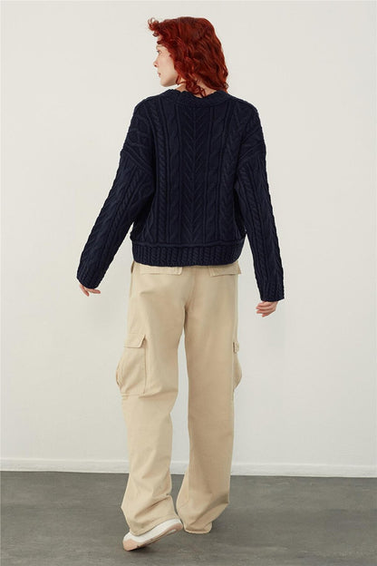 Navy Blue Shepherd's Button Braided Knitwear Cardigan