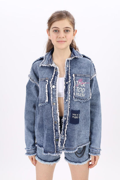 Blue Girl's Destroyed Jean Shirt 9-14Years Lx199