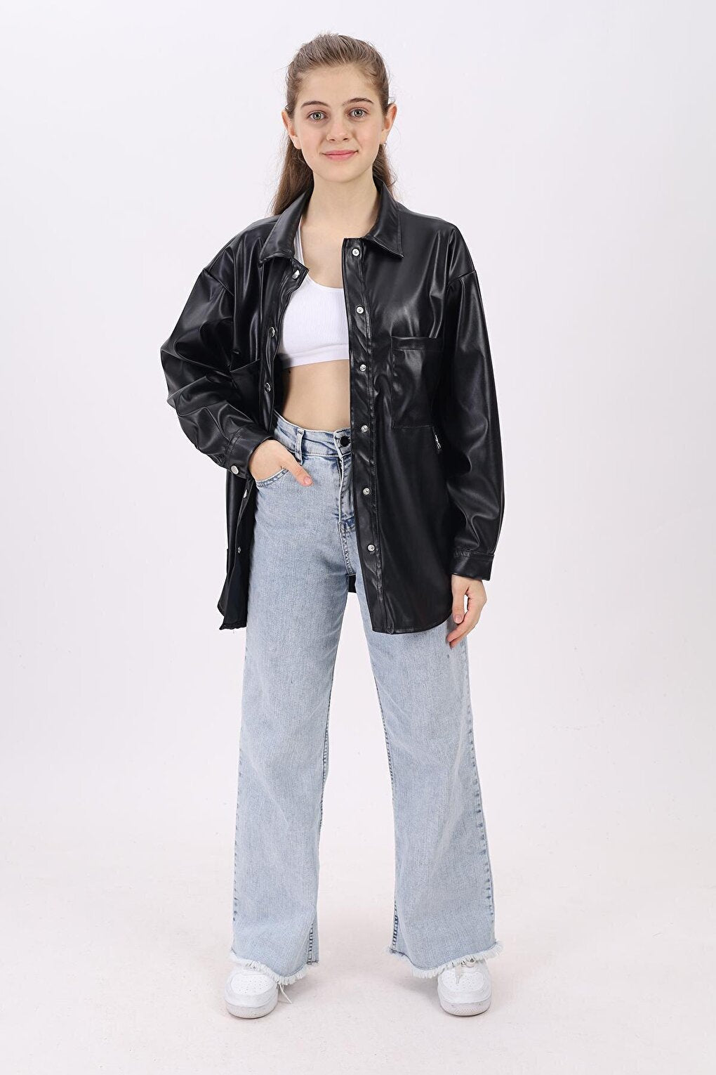 Girl's Black Leather Shirt 9-14 Years Lx163