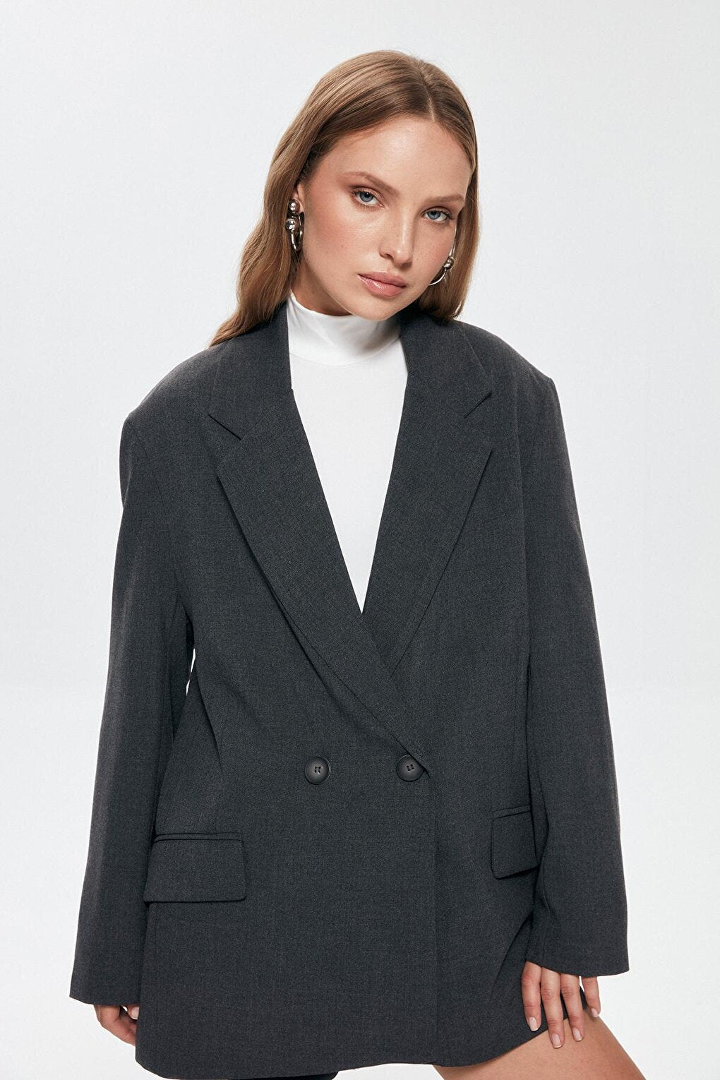 Double Breasted Collar Oversize Blazer Jacket Anthracite