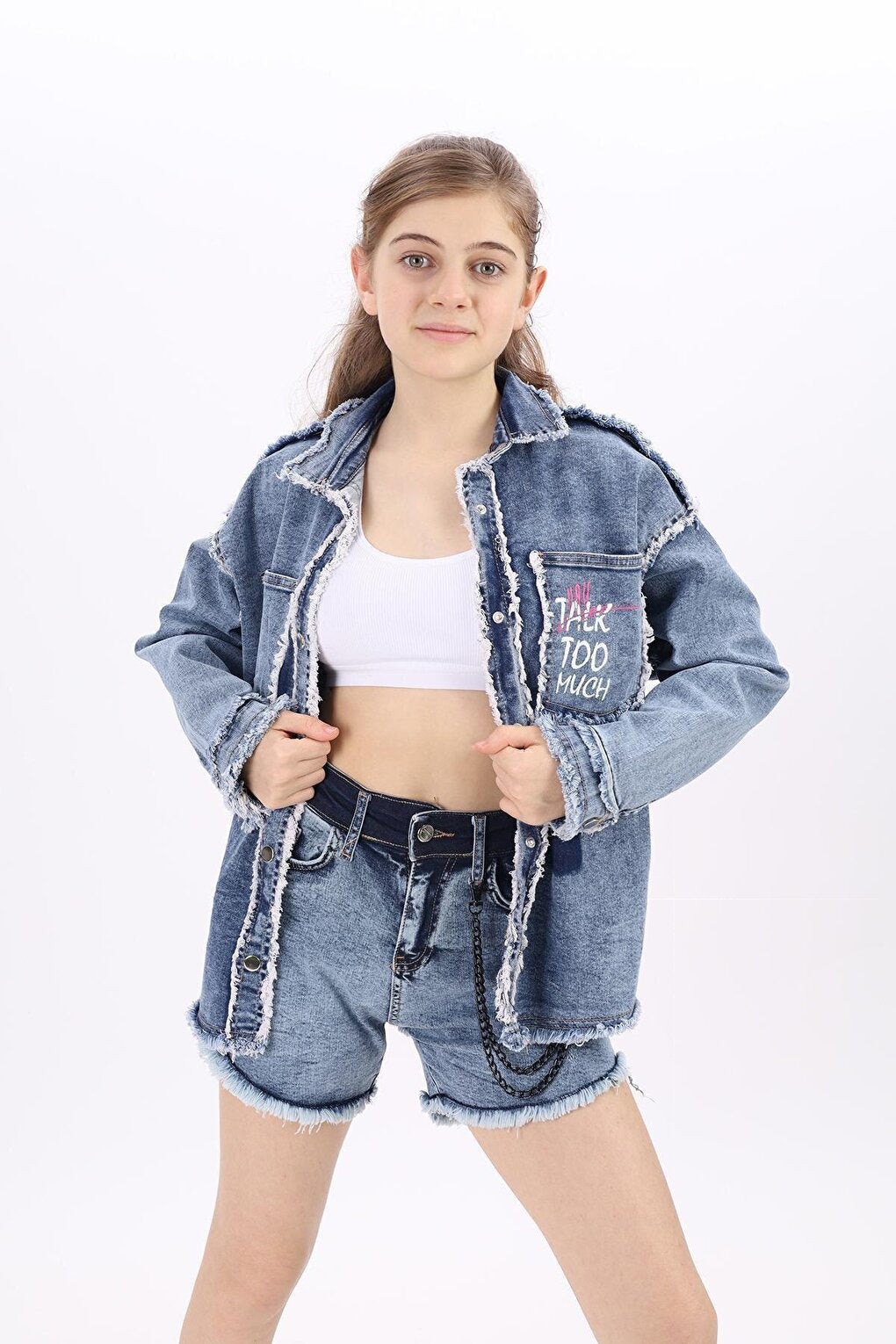 Blue Girl's Destroyed Jean Shirt 9-14Years Lx199