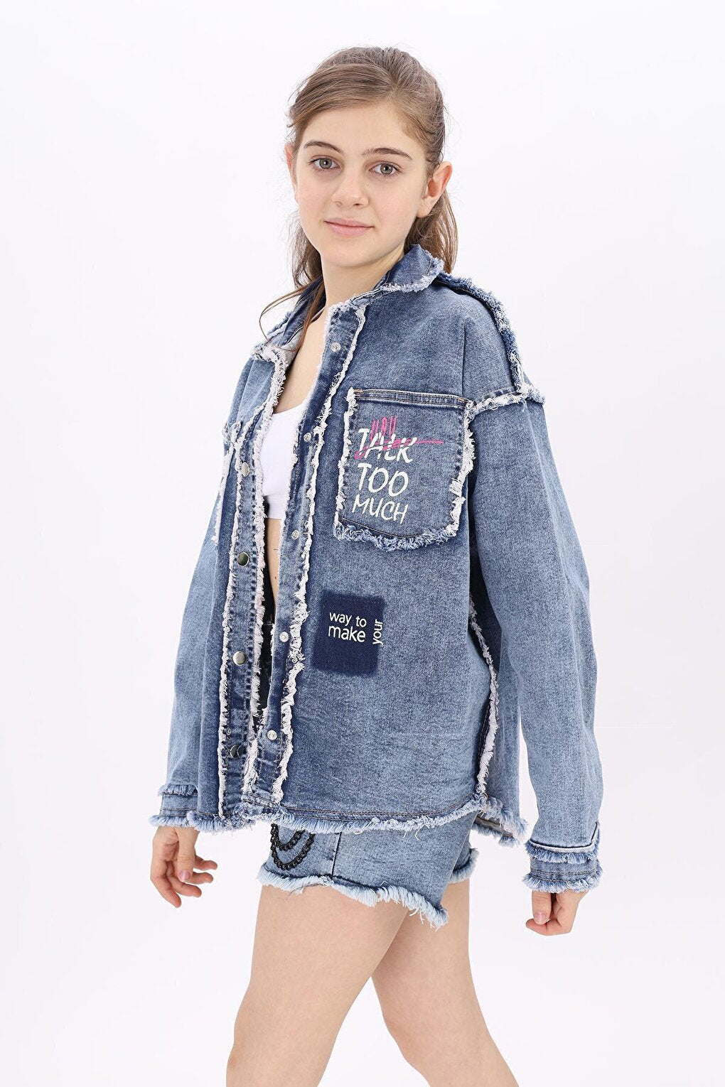 Blue Girl's Destroyed Jean Shirt 9-14Years Lx199