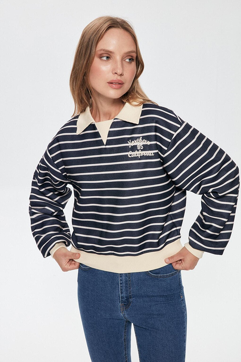 Shirt Collar Striped Sweatshirt Navy Blue