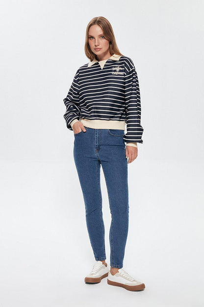 Shirt Collar Striped Sweatshirt Navy Blue