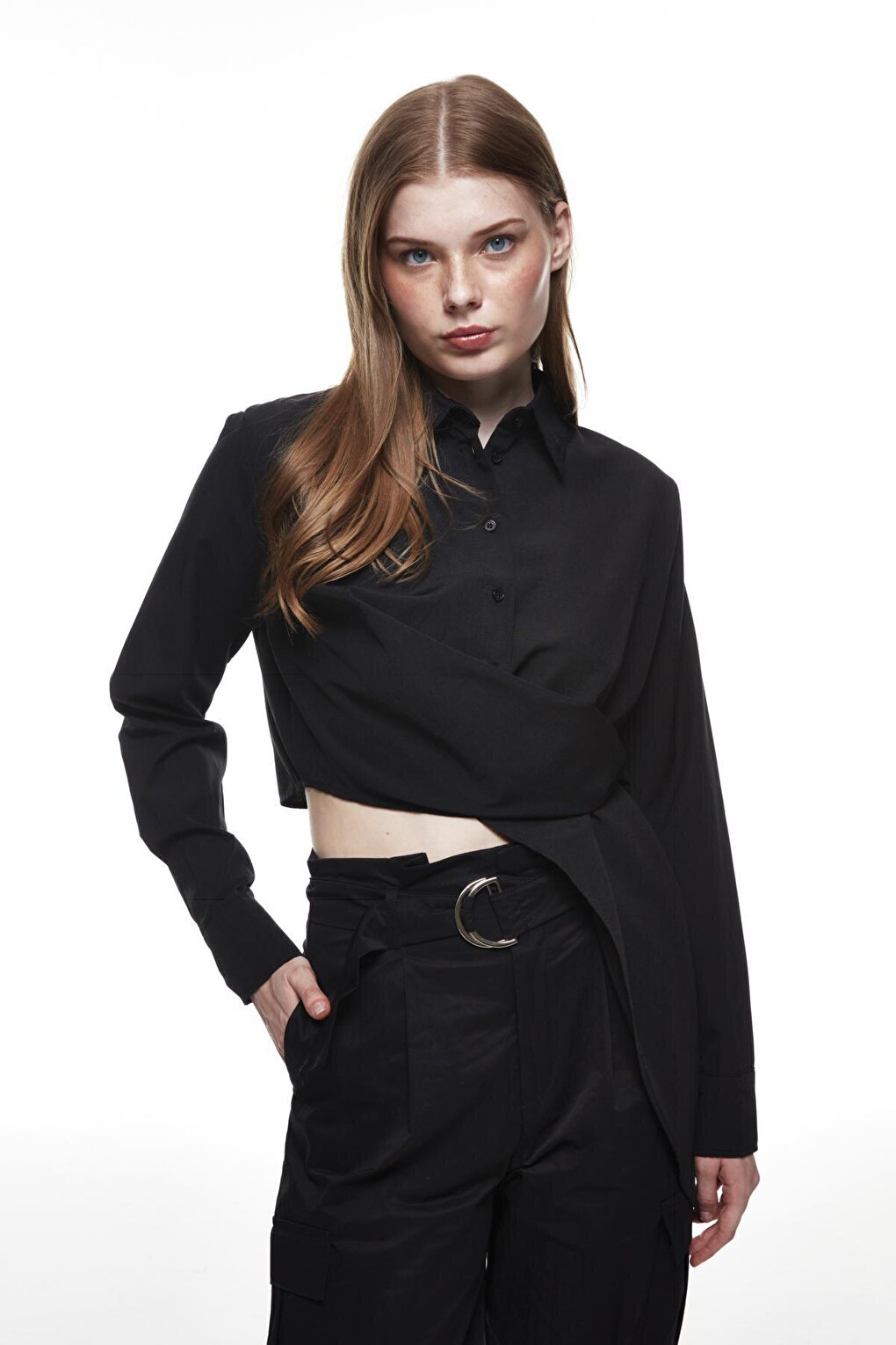 Tie Detailed Wrap Crop Shirt Black