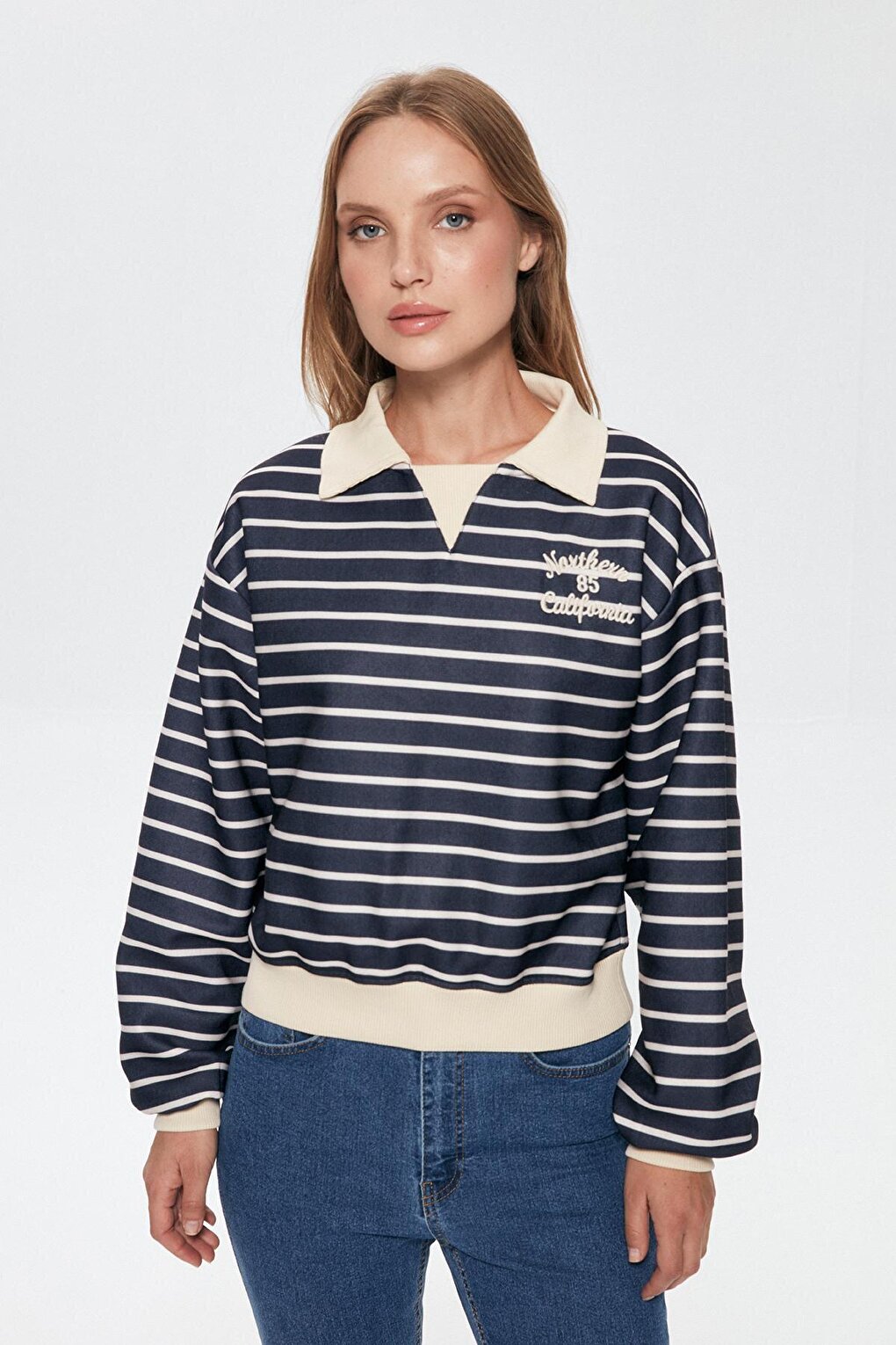 Shirt Collar Striped Sweatshirt Navy Blue