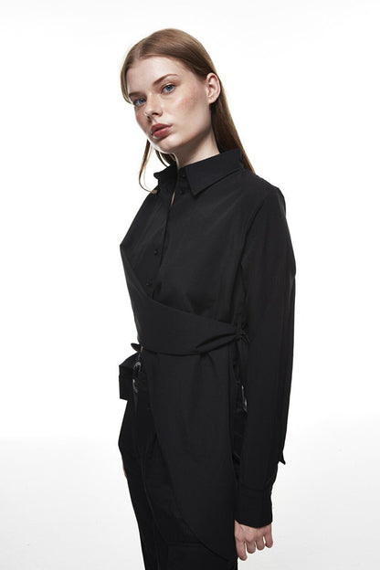 Tie Detailed Wrap Crop Shirt Black