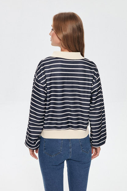 Shirt Collar Striped Sweatshirt Navy Blue