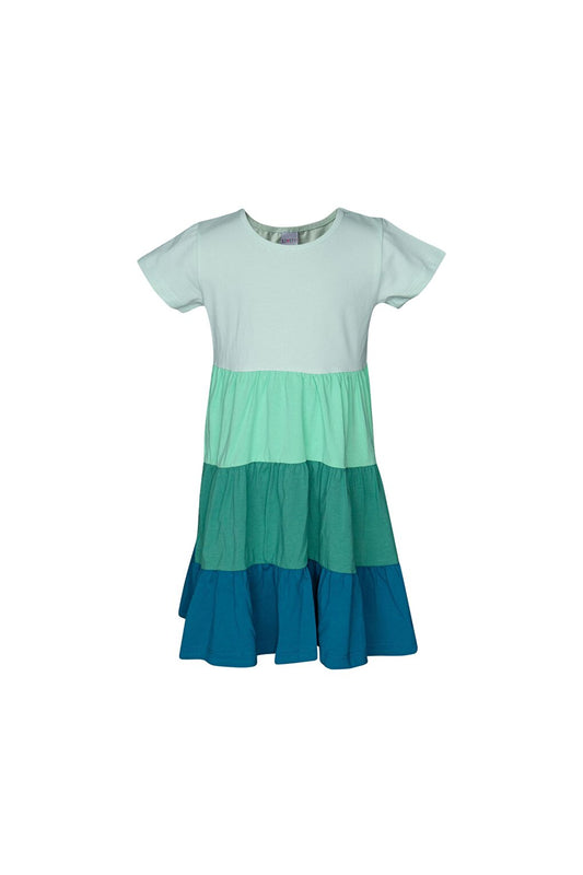 Soft Green-Dark Petrol Girl's Short Sleeve Colorful Layered Dress