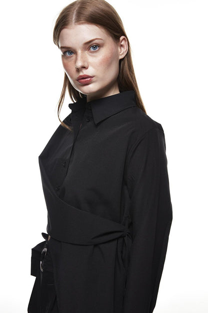 Tie Detailed Wrap Crop Shirt Black