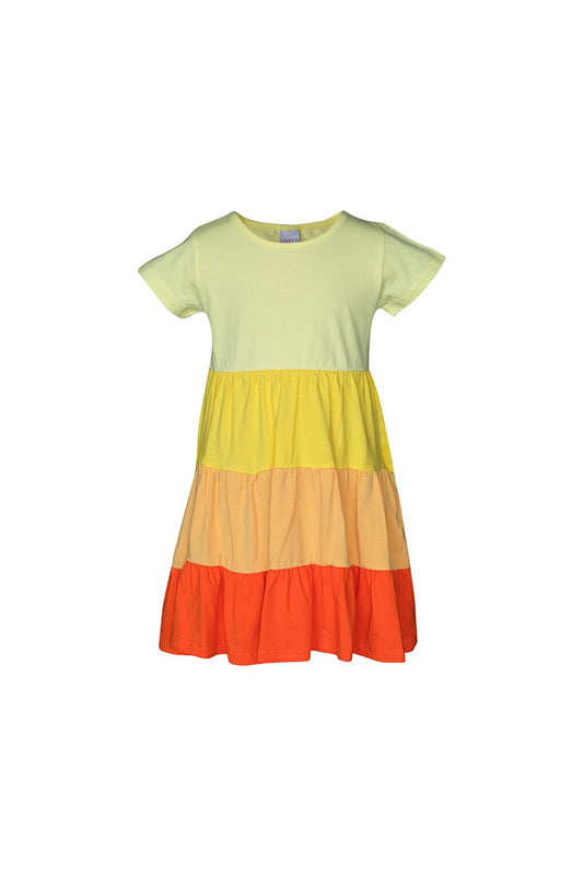 Light Yellow-Orange Girl's Short Sleeve Colorful Layered Dress