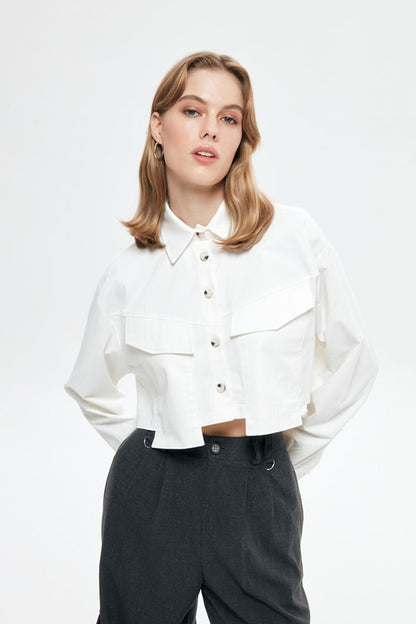 Pocket Detailed Crop Shirt Ecru