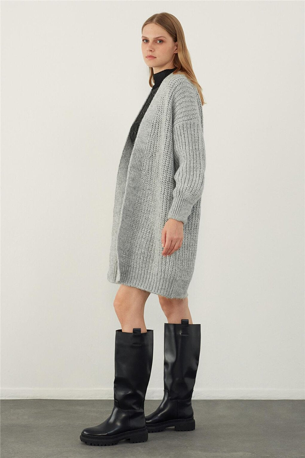 Light Gray Oversize Open Front Long Knitted Cardigan