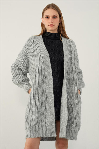 Light Gray Oversize Open Front Long Knitted Cardigan