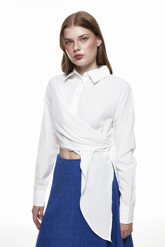 Tie Detailed Wrap Crop Shirt Ecru