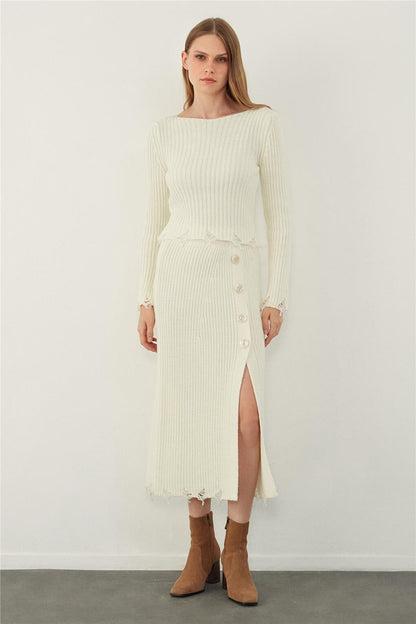 Ecru Ripped Detailed Midi Knitwear Skirt