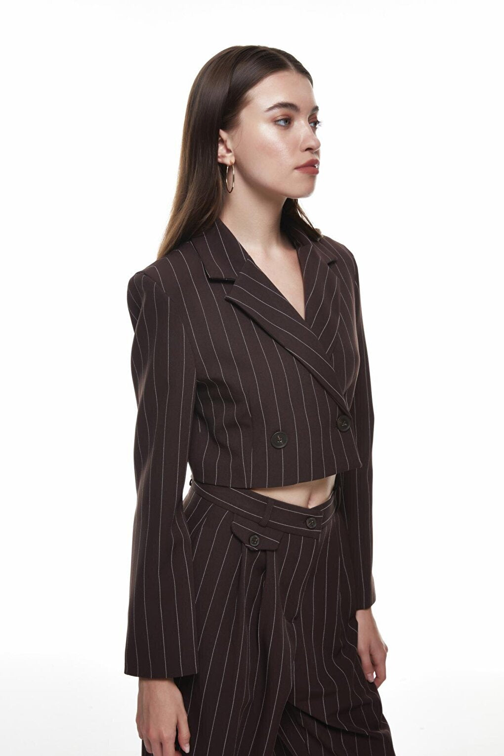 Stripe Detailed Crop Jacket Brown