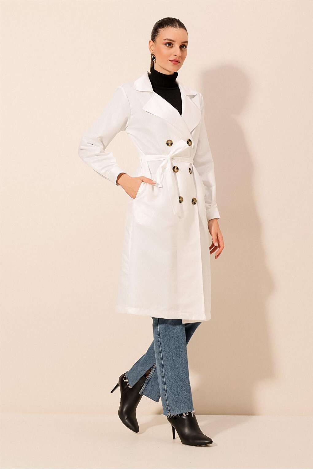 5853 Double Breasted Trench Coat - White