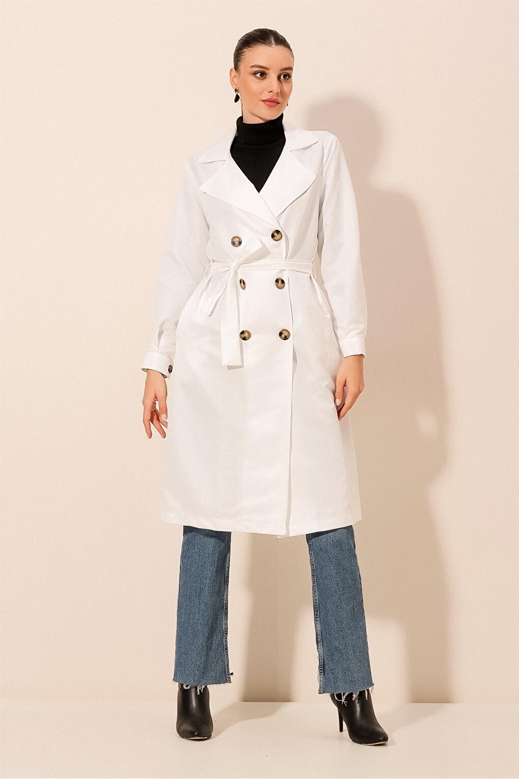 5853 Double Breasted Trench Coat - White