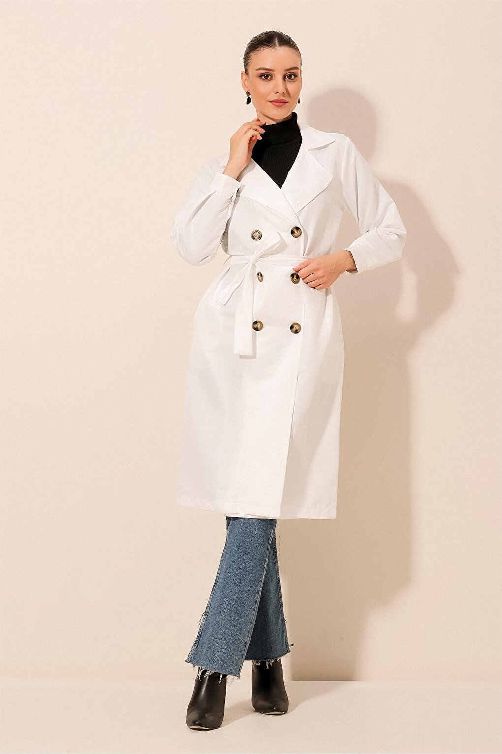 5853 Double Breasted Trench Coat - White