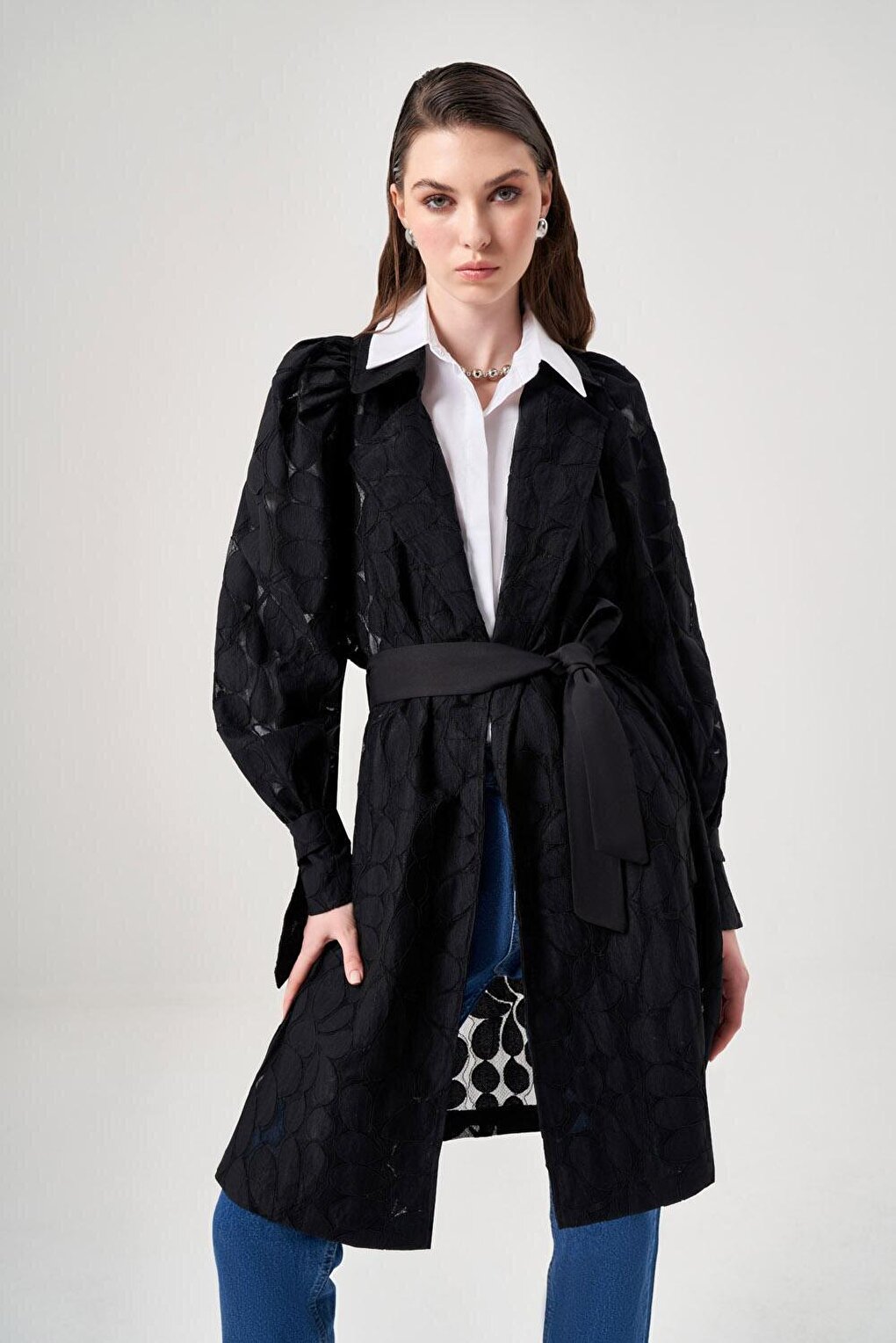 Lace Detailed Design Black Trench Coat