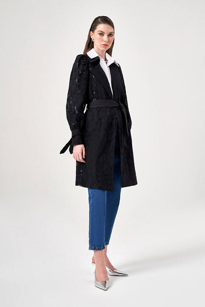 Lace Detailed Design Black Trench Coat