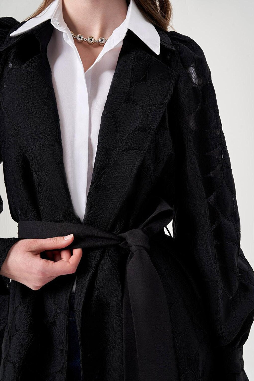 Lace Detailed Design Black Trench Coat