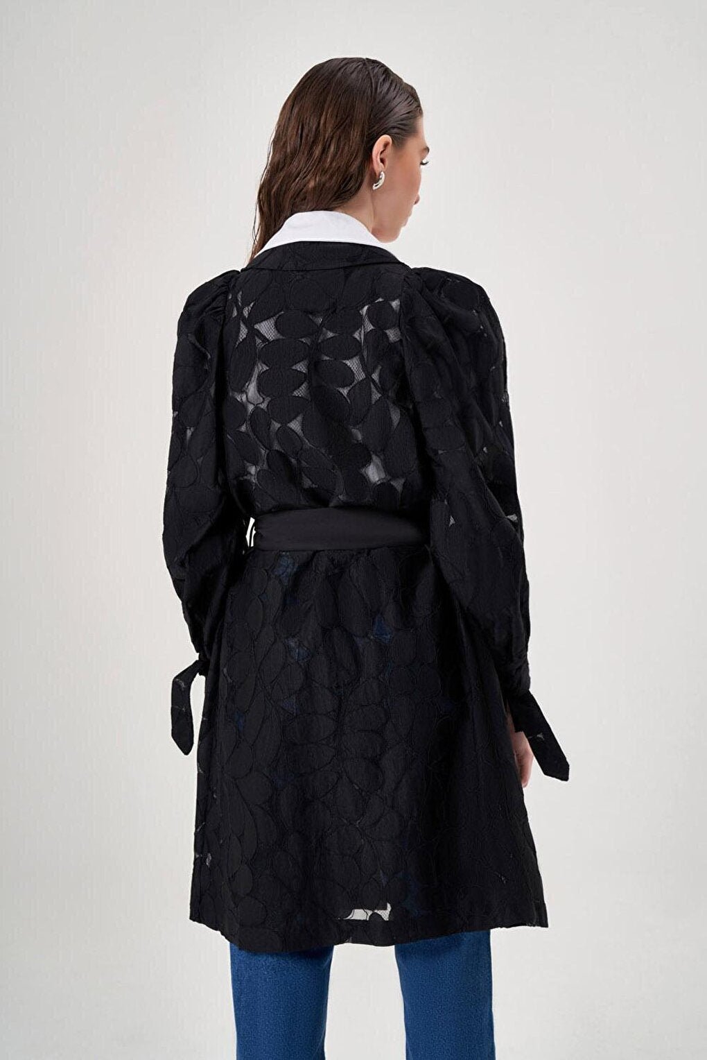 Lace Detailed Design Black Trench Coat