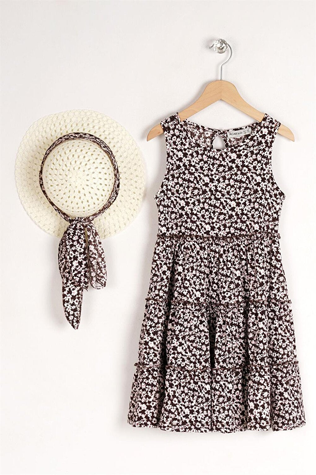 Girl's Brown Colored Floral Patterned Dress with Hat Accessories