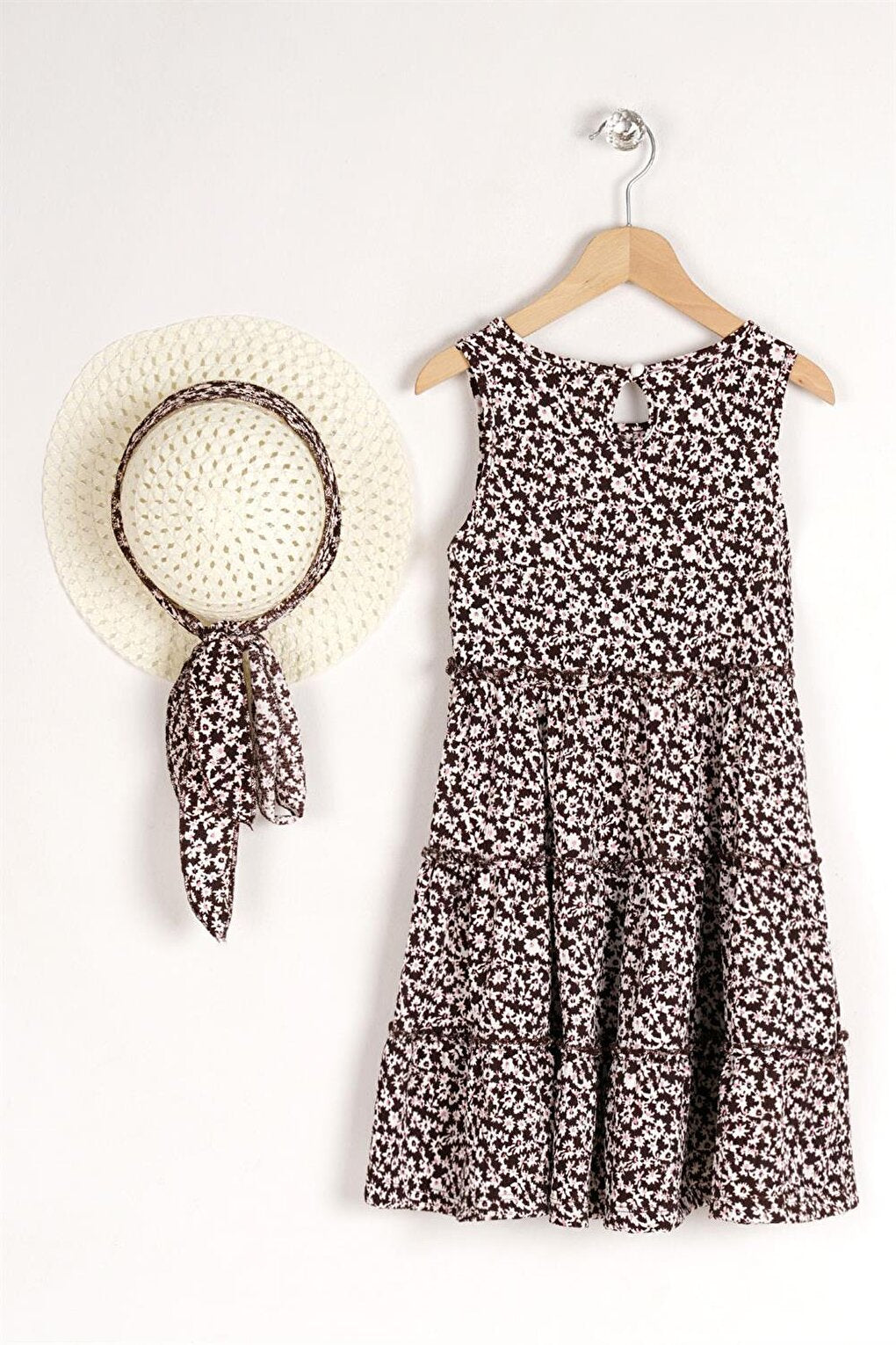 Girl's Brown Colored Floral Patterned Dress with Hat Accessories