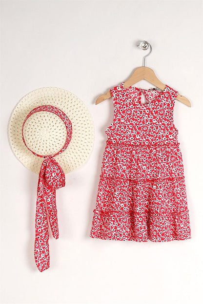 Girl's Red Colored Floral Patterned Dress with Hat Accessories