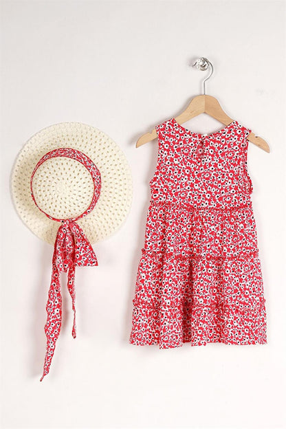 Girl's Red Colored Floral Patterned Dress with Hat Accessories