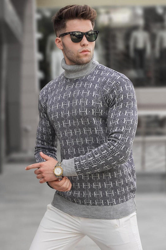 Gray Patterned Turtleneck Knitwear Sweater 5768