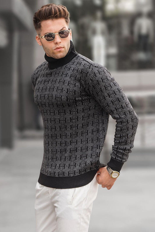 Black Patterned Turtleneck Knitwear Sweater 5768