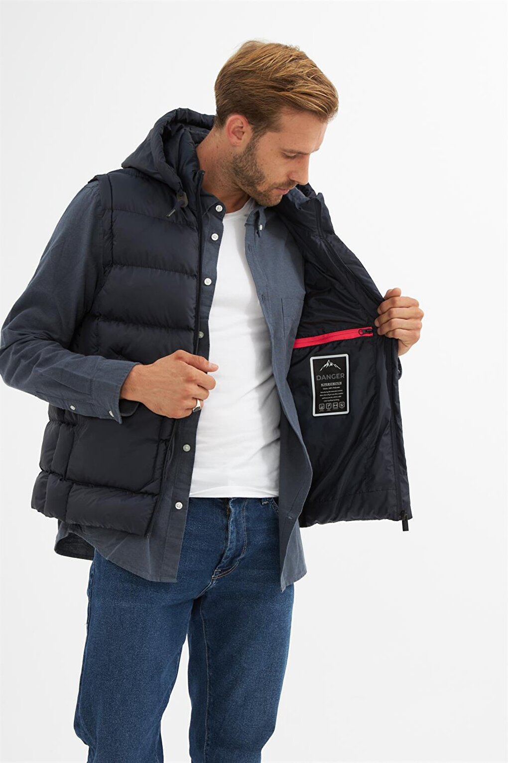 Men's Removable Hooded Pocket Detailed Puffer Vest Navy Blue